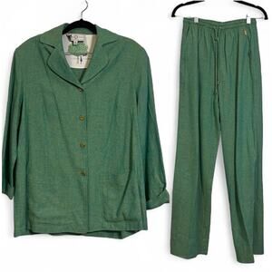 ST. JOHN SPORT Marie Gray Pantsuit Size Small Green Linen Blend Pants Jacket USA